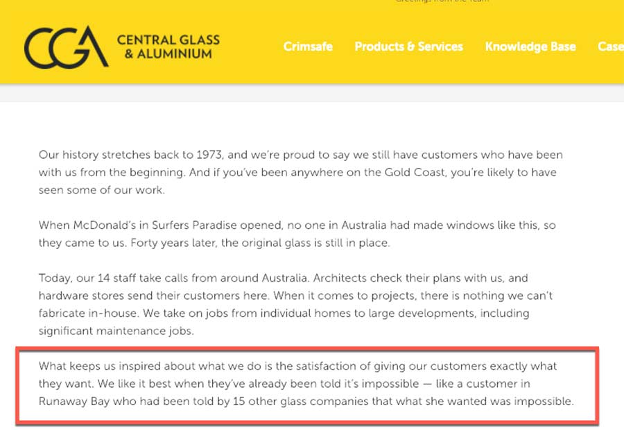 Copywriting example: the About Us page for Central Glass