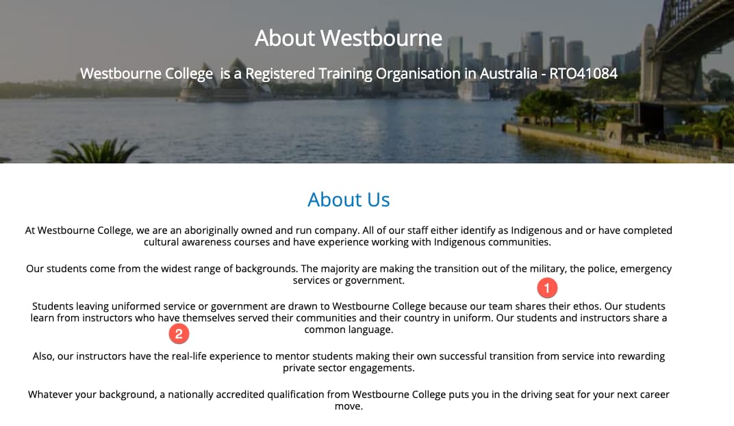Screenshot of the Westbourne College About Us page