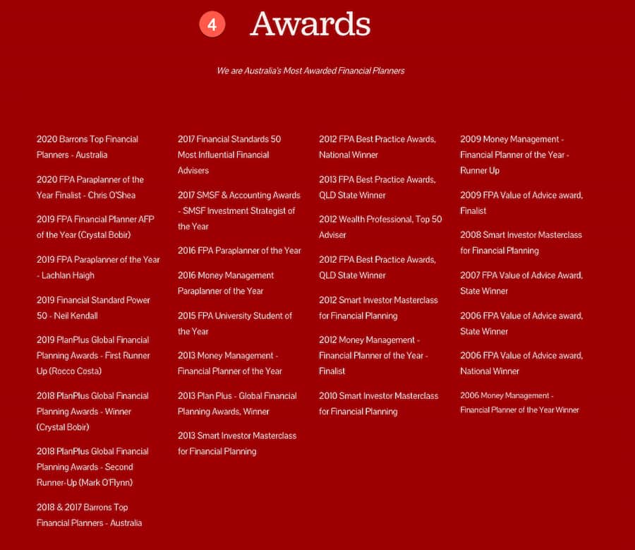 Example of awards being used on a financial planner's About Us page
