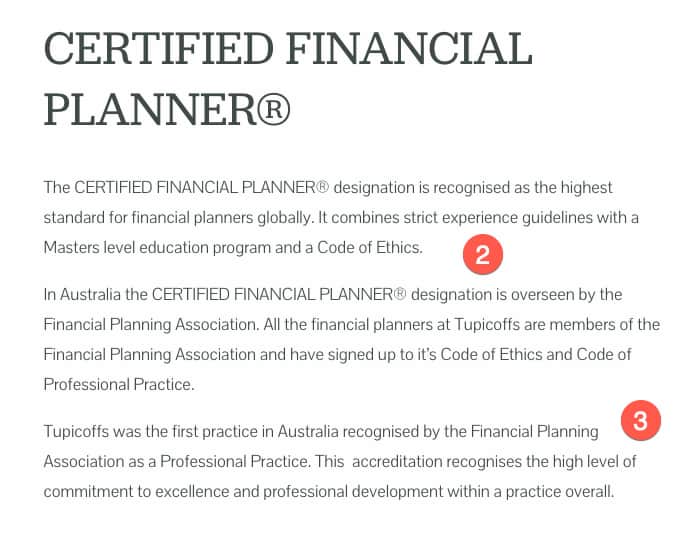 Use of credentials on a financial planning About Us page