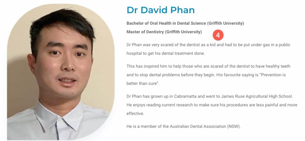 Dentist's bio on About Us page