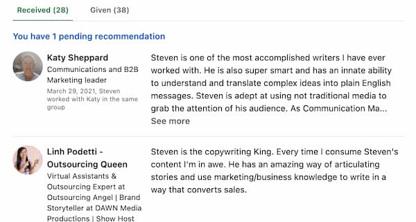 LinkedIn recommendations for copywriting
