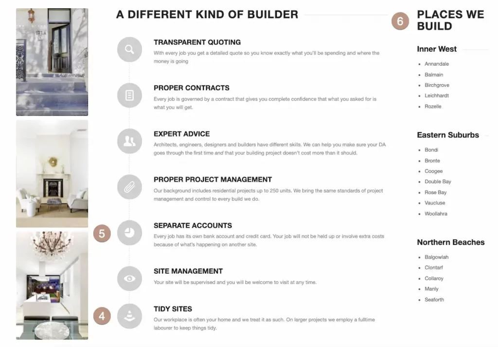 An example of a list of features on the website for a builder