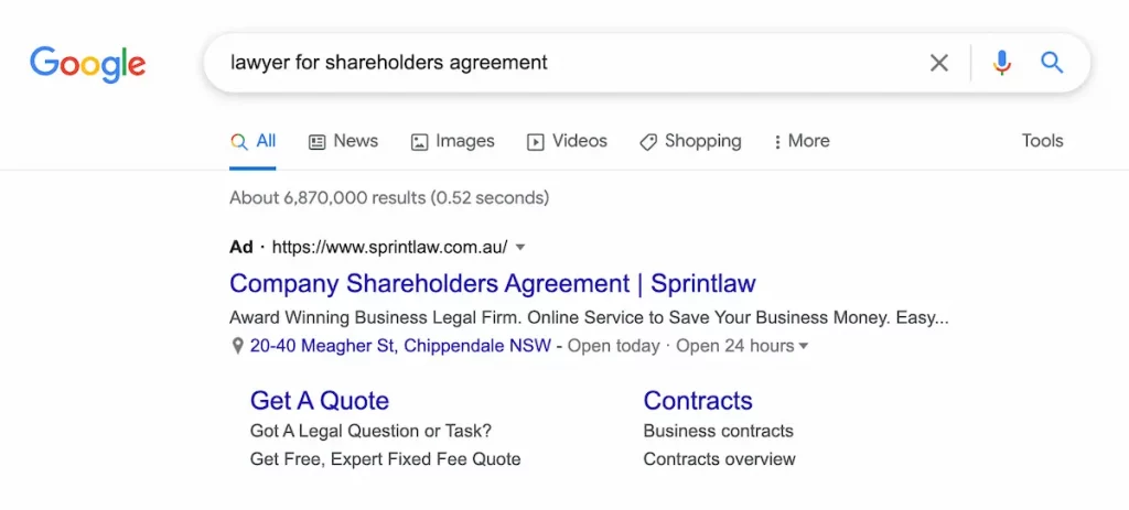 Example of a Google ad for a law firm