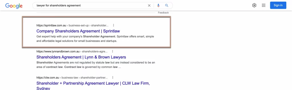 Example of law firm organic search listing