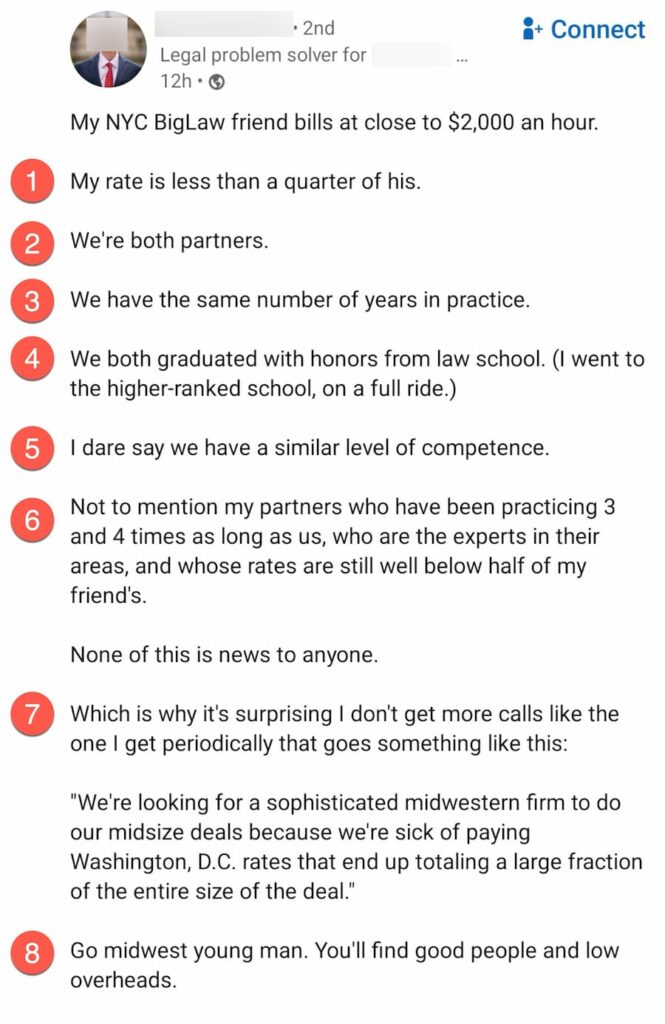 A LinkedIn post showing a lawyer positioning themselves on price.